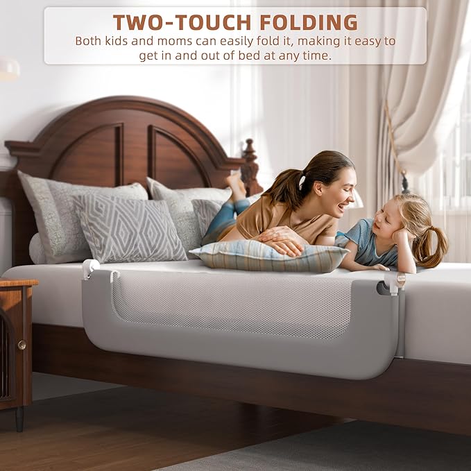 FigTime Bed Rail for Toddlers, Baby Bed Rail Guard for Kids, Toddler Bed Rails with Reinforced Anchor Fit, Height Adjustable & Foldable Bed Rail Guard for Twin, Full, Queen & King Beds (Grey, 48IN)