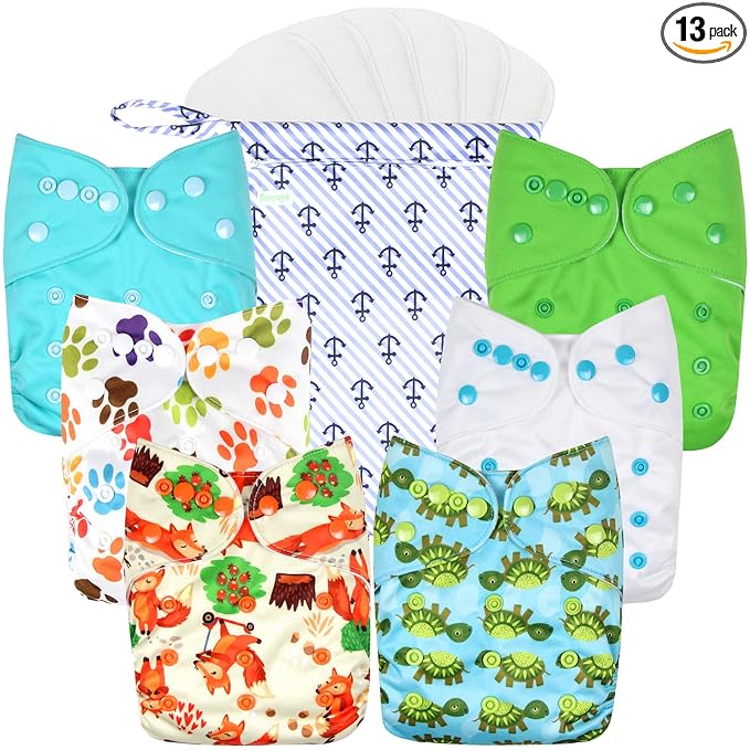 wegreeco Cloth Diapers 6 Pack with 6 Inserts & 1 Wet Bag, Washable Cloth Diapers for Babies, One Size Adjustable Reusable (Neutral Prints)