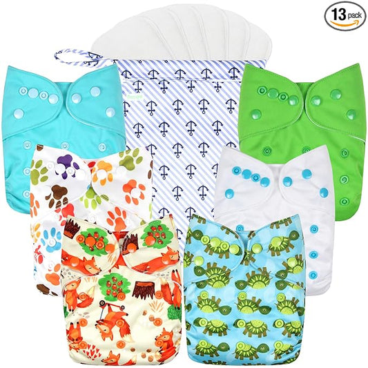 wegreeco Cloth Diapers 6 Pack with 6 Inserts & 1 Wet Bag, Washable Cloth Diapers for Babies, One Size Adjustable Reusable (Neutral Prints)