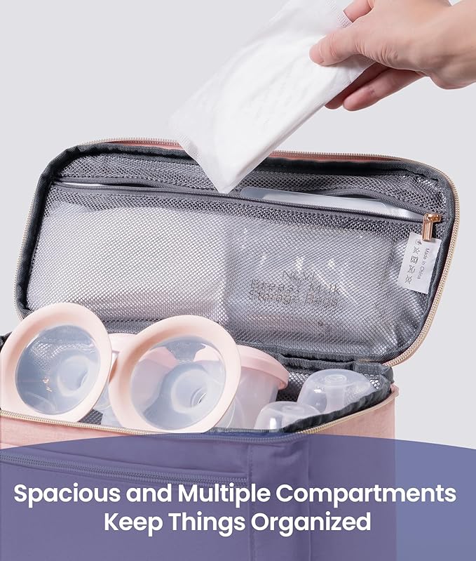 NCVI Breast Pump Storage Bag for Pumps and Extra Parts, Large Capacity Portable Pump Carrying Case with Handle, Waterproof Lining and Multiple Compartments, Perfect for Working & Nursing Moms, Pink