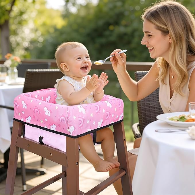 High Chair Cover, Baby High Chair Cover for Restaurants, Waterproof Portable Highchair Covers with 3-Point Harness for Eating, Travel, Home, Machine Washable, Fits Wooden Chairs (Pink)