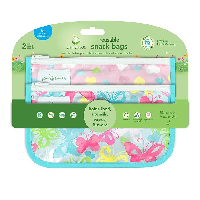 Green Sprouts Reusable Snack Bags (2 Pack) Holds Food, Utensils, Wipes, & More Food-Safe, Waterproof, Easy-Clean Material