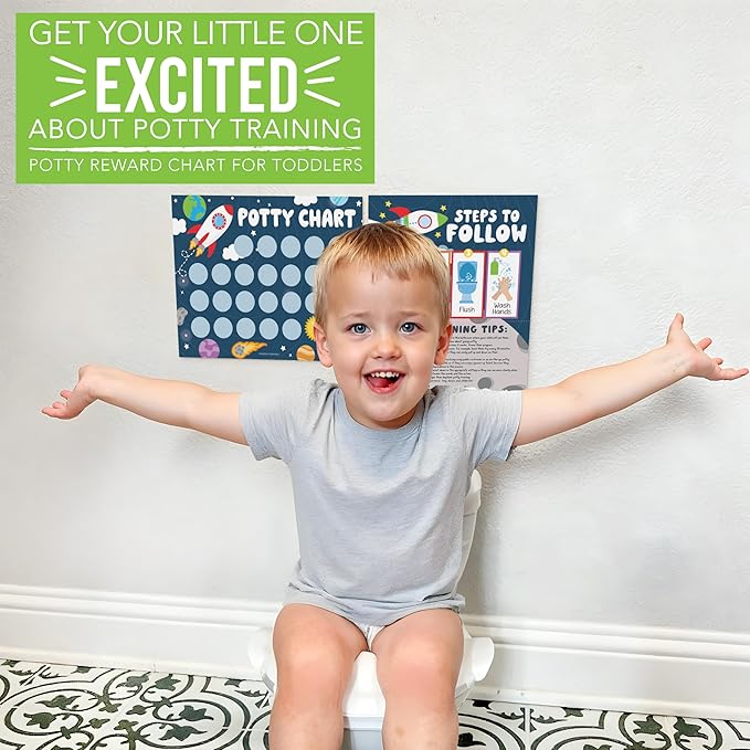 Hadley Designs Potty Training Chart for Toddlers Boys -10 Sticker Potty Chart for Toddlers Boys, 8.5x11" Potty Training Sticker Charts for Toilet Success, Space Toddler Reward Chart for Kids