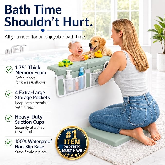 Comfortable Baby Bath Kneeler and Elbow Rest Pad Set, Non-Slip Bathtub Kneeling Pad for Bathing Baby, Bath Tub Cushion Mat, Elbow Pads, Toy Organizer Storage Pockets, Strong Suction Cups (Green Gray)
