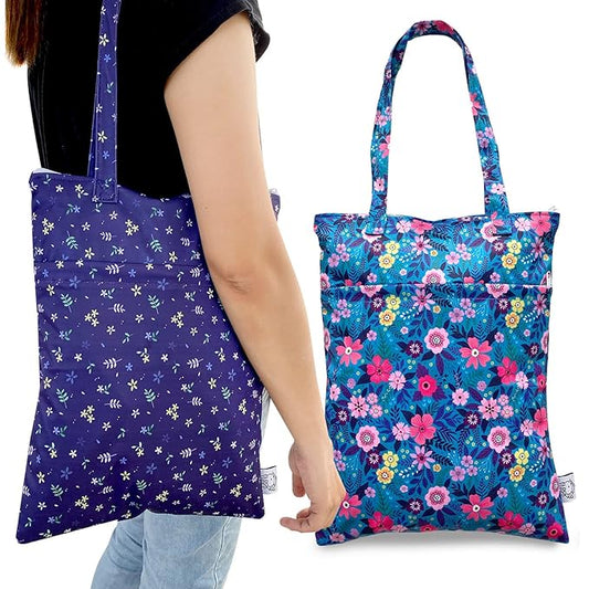 FLOCK THREE 2pcs Wet Dry Bag Waterproof Tote Reusable Wet Clothes Baby Diapers Stroller Swimsuit Travel Small Larger Electronics Toiletries Pouch Flower