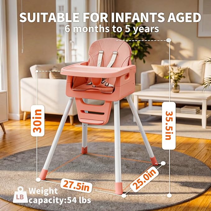 Portable High Chairs for Babies and Toddlers, Convertible Baby Feeding Chair with Tray, Easy Clean High Chair for Toddler with Foot Rest, Infant Highchairs & Booster Seats with Cushion Pink