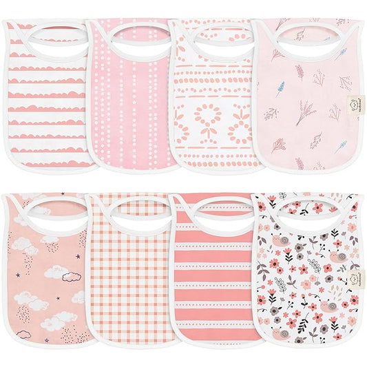 KeaBabies 8-Pack Bibs for Baby Girl, Boy - Pullover Large Baby Bibs for Drooling and Teething Infant, Newborn,Soft & Absorbent Organic Cotton,Long Torso Coverage Keep Toddler Clean & Dry(Sweet Charm)
