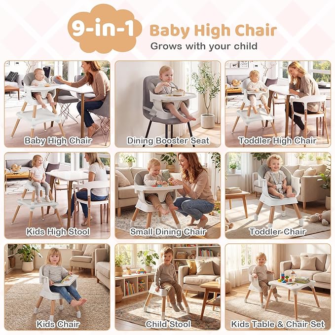 BABY JOY High Chair, 9-in-1 Convertible Highchairs for Babies and Toddlers, Booster Seat | Table & Chair Set | Stool, Adjustable Legs, Removable Tray, Safety Harness & PU Cushion (Gray)
