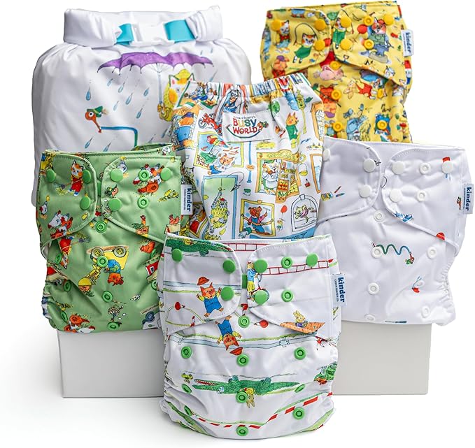 Kinder Cloth Diapers Reusable Baby Diapers Pocket Style Athletic Wicking Jersey, Wet Bag, Newborn to Potty Training 7-60lbs, One Size, Inserts NOT Included (Richard Scarry, 5 Pack, Without Inserts)