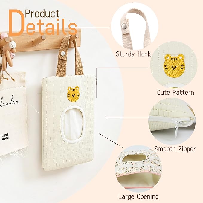 Quilted Baby Wipe Holder Floral Diaper Pouch Portable Quilted Wipes Bag for Car, Stroller