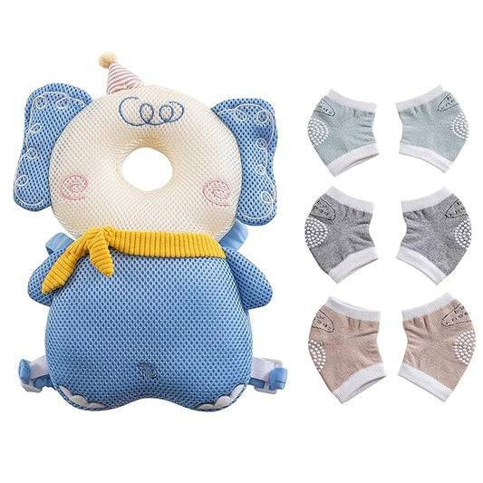 Baby Head Protector Cushion Backpack with 3 Baby Knee Pads for Walking & Crawling.(Elephant)