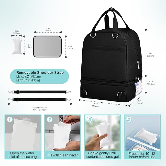 Breast Pump Bag with Insulated Cooler, Double-Layer Pumping Bag for Work & Travel, Fits Most Electric Breast Pumps, Includes 10 Ice Packs & Waterproof Mat, Detachable Bottle Cooler Tote, Black
