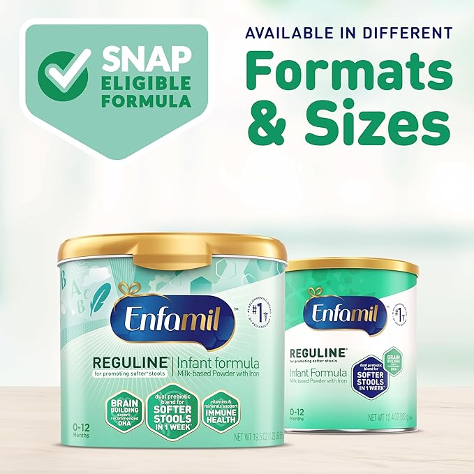 Enfamil Reguline Baby Formula, Designed for Soft, Comfortable Stools, with Omega-3 DHA & Probiotics for Immune Support, Reusable Powder Tub, 19.5 Ounce (Pack of 4)