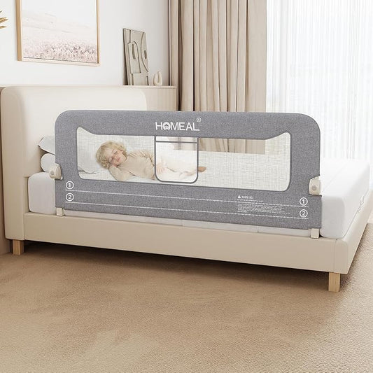 HOMEAL Bed Rail for Toddlers, 59" Extra Long Swing Down Bed Guard with Double Reinforced Stability, Foldable Metal Safety Rail for King, Queen, Full & Twin Beds, Grey
