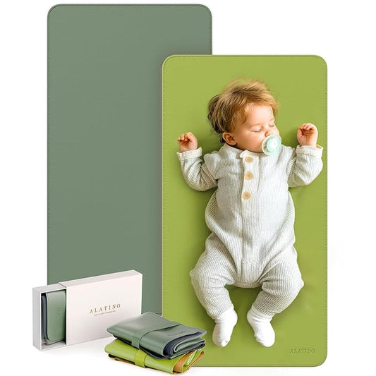 2 Pack Vegan Leather Baby Changing Mat, Large 30" x 17" Waterproof Foldable Diaper Mat, Wipe-Clean Portable Changing Pad for Travel, Home & Diaper Bag, Baby Shower Gifts(MossGreen&DarkOliveGreen)