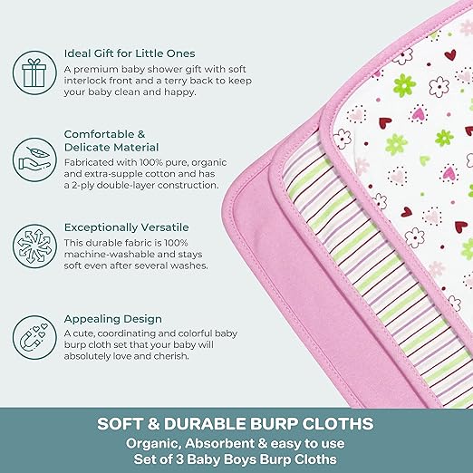Spasilk Baby 3 Pack 100% Cotton Burp Cloths for Newborn Boys and Girls, Pink Flower, One Size