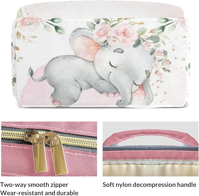 Pink Elephant Flower Diaper Bag Backpack Multifunction Bags with Changing Pad Unisex Stylish Travel Back Pack Nappy Custom Bag for Moms Dads