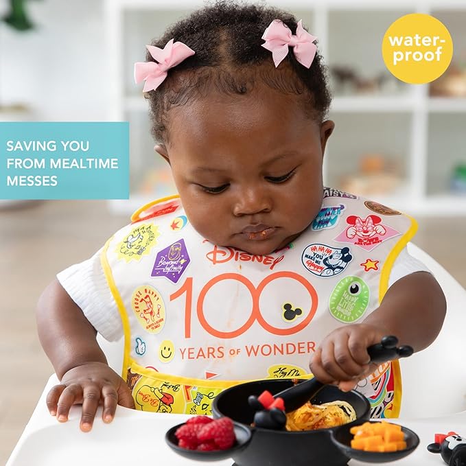 Bumkins Disney Bibs for Girl or Boy, SuperBib Baby and Toddler for 6-24 Months, Essential Must Have for Eating, Feeding, Baby Led Weaning, Mess Saving Catch Food, Fabric, 2-pk 100 Happy Faces