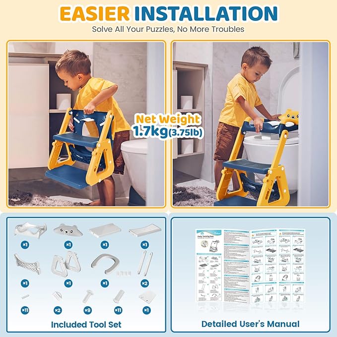 Orzbow Potty Training Seat | Upgrade Toddler Potty Training Toilet with Step Stool, 2-in-1 Stability Toilet Seat for Boys Girls | with Splash Guard, Anti-Slip Pad, Ladder, and Height Adjustable, Blue