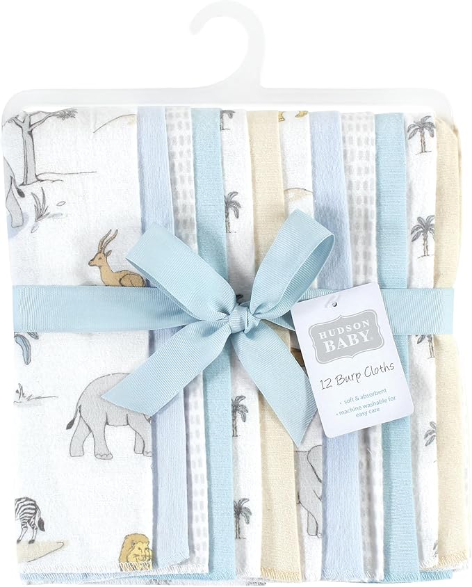Hudson Baby Unisex Baby Cotton Flannel Burp Cloths Bundle, Boy Safari World, One Size