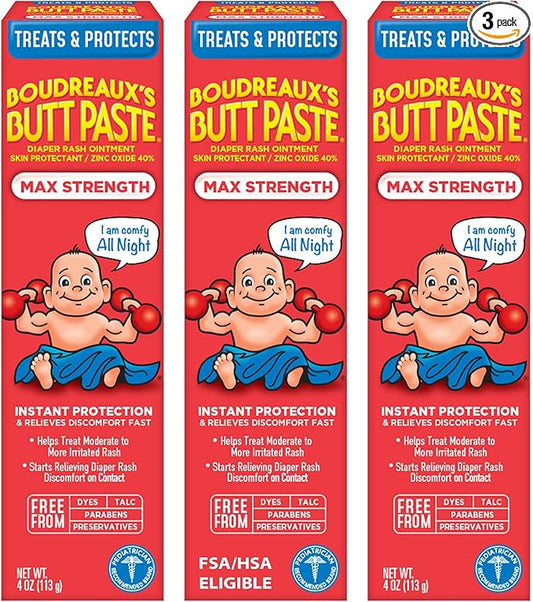 Boudreaux’s Butt Paste Max Strength Diaper Rash Cream for Baby, Ointment With Zinc Oxide, 4 oz Tubes, 3 Pack