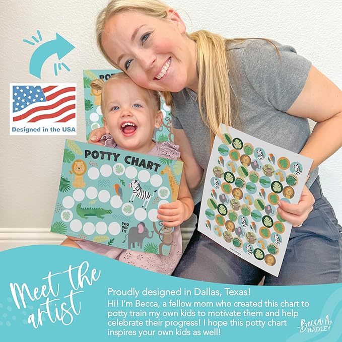 Hadley Designs Potty Training Chart for Toddlers Boys -10 Sticker Potty Chart for Toddlers Girls, 8.5x11" Potty Training Sticker Charts for Toilet Success, Safari Toddler Reward Chart for Kids