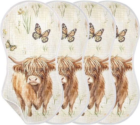 Farm Highland Cow Butterfly Burp Cloths Baby Boys Girls Absorbent Soft Cotton Burping Cloths Rags, 4 Pack