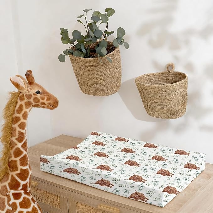 Changing Pad Cover for Baby Girls, 32"/34" x 16" Safe Snug Diaper Change Table Pad Covers, Soft Stretchy Changing Pad Sheets Highland Cow Eucalyptus Leaves Theme Nursery Decor