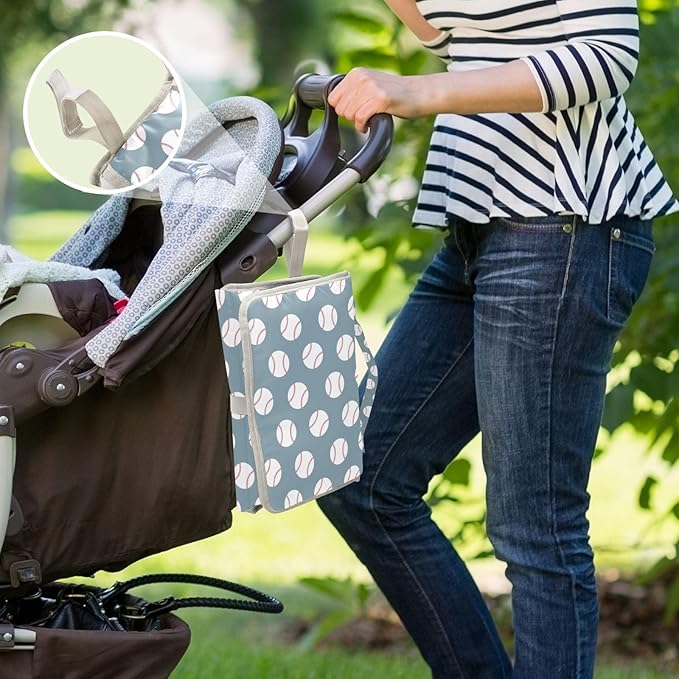 Baseball Blue Portable Diaper Changing Pad with Wipes Holder, American Sport Championship Patch Foldable Baby Diaper Changer Travel Bag Baby Changing Mat with Built-in Pillow for Newborn