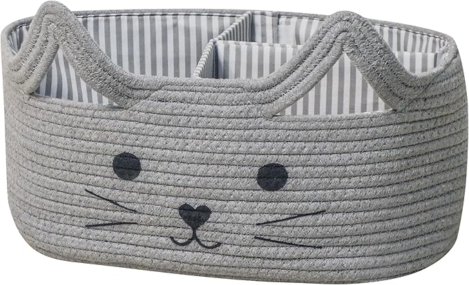 T&T Homewares Diaper Caddy Organizer, Cotton Rope Diaper Caddy Basket, Baby Shower Basket, Nursery Storage Bins, Newborn Caddie- Cat, Fox, Penguin (Grey Cat)