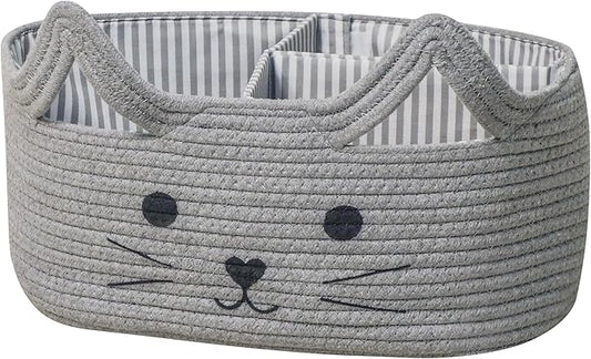 T&T Homewares Diaper Caddy Organizer, Cotton Rope Diaper Caddy Basket, Baby Shower Basket, Nursery Storage Bins, Newborn Caddie- Cat, Fox, Penguin (Grey Cat)