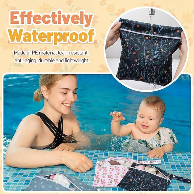 Reginary 8 Pack Wet Dry Bags Large & Small Waterproof Reusable Travel Zipper Pouches for Baby Diapers Family Wet Clothes Beach Swimsuits Toiletries(2 Sizes,Flower,Multicolor)