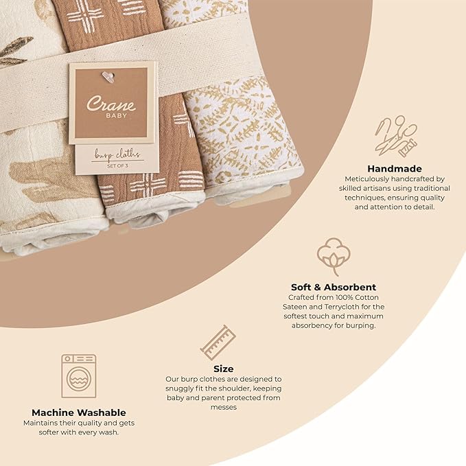 Crane Baby Muslin Baby Burp Cloths, Lightweight Absorbent Burp Cloth, Safari Animal, Set of 3, 7" x 20", Newborn Baby Essentials, Burp Cloths Baby Boy, Burp Cloths Baby Girl, Baby Newborn Essentials