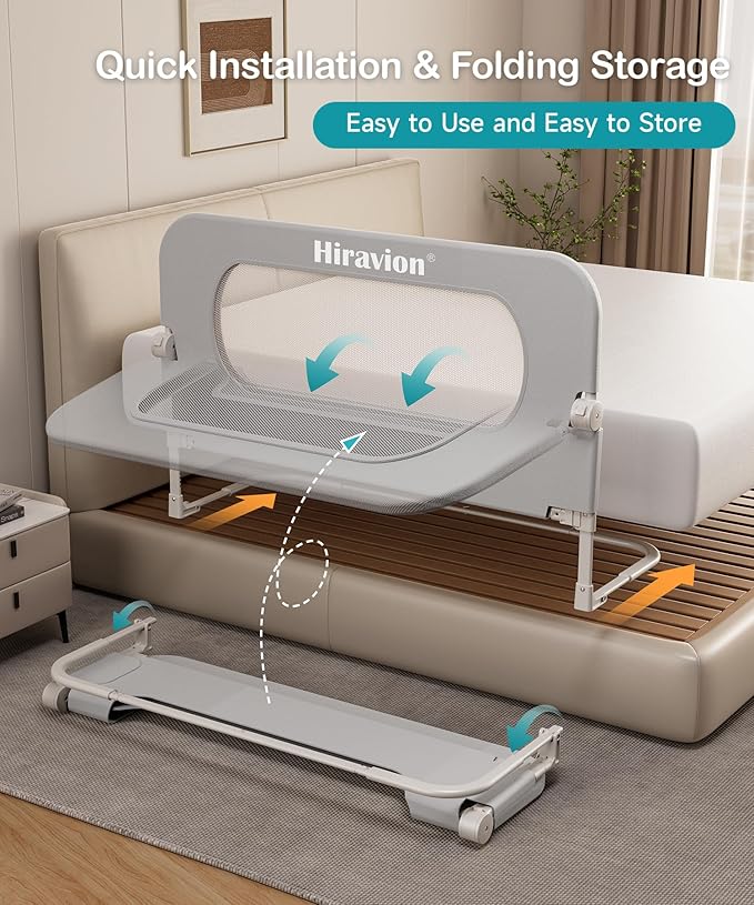 Bed Rail for Toddlers, Baby Bed Rail Guard with U-Shape Base, Height Adjustable & Foldable Toddler Bed Rails for Full Size, Queen, King, Twin (Grey, 33in)