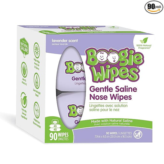 Saline Nose Wipes by Boogie, for Baby & Kids, Face, Hand & Body, FSA/HSA Eligible, Made with Vitamin E, Aloe, and Natural Saline, Lavender Scent, 90 Count (Pack of 1)