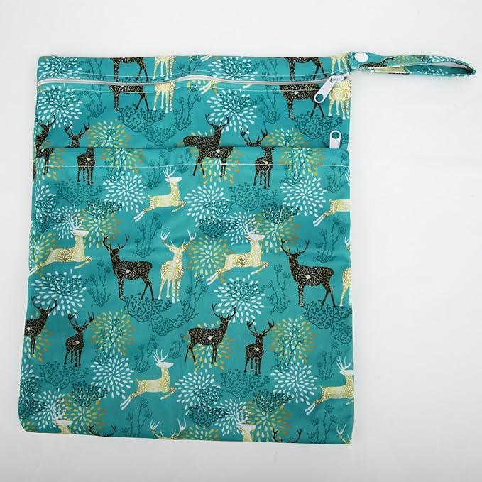 Medium Wet Dry Bag Baby Cloth Diaper Nappy Insert Bag Reusable Washable With Two Zippered Pockets (Regal Deer)