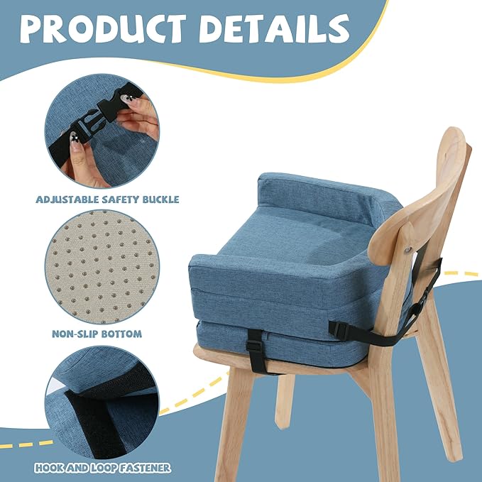 ROYALAY Toddler Booster Seat for Dining Table, Adjustable Height Booster Seat Pad for Kids Chair, 5.3inch Portable Booster Cushion with Straps, Travel Booster Seats for Baby Child Boys Girls(Blue)