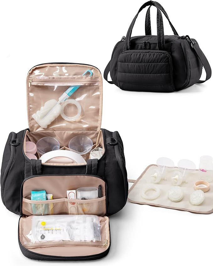 Marscamd Quilted Breast Pump Bag Compatible with Spectra S1 and S2, Pumping Bag with Cooler Compartment and a Drying Mat, Black