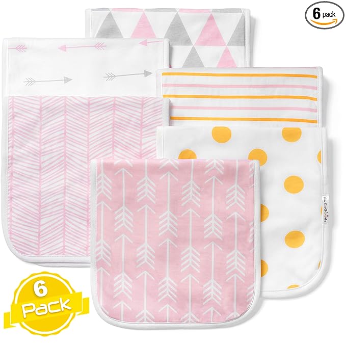 BaeBae Goods Burp Cloths for Baby Girl - Ultra Absorbent Burping Rags - Anti Shrink Unisex Burpy Clothes - Super Soft Jersey Cotton, Large 21"x10" - Thick for Newborn Cloth Diapers - 6 Pack