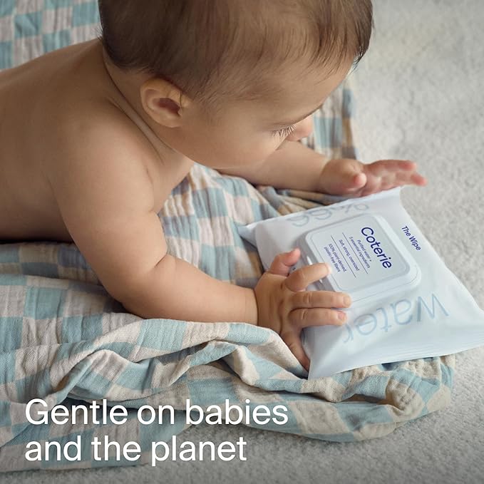 Coterie Baby Wipes for Sensitive Skin, Plant-Based and Plastic-Free Fibers, 99% Water, Hypoallergenic, pH Balanced, Unscented, Clean and Gentle Baby Essentials, 4 Standard Packs & 8 Travel Size Packs