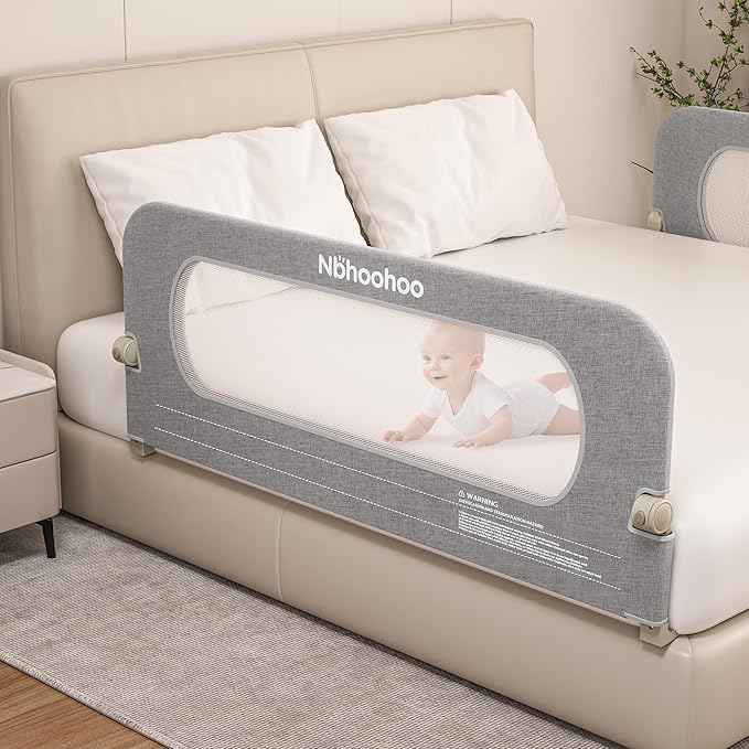Bed Rail for Toddlers, Foldable & Swing Down, Gap Free Safety Anti-Pinch Double Crossbar Bed Rail Guard, Quick No-Tool Installation for Twin, Full, Queen, King Beds (Gray, 47in)