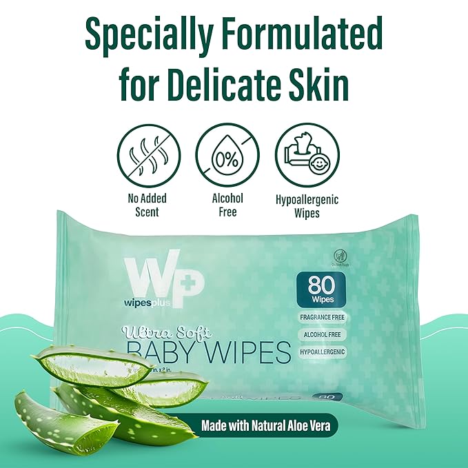 WIPESPLUS Baby Wipes, Hypoallergenic Ultra Soft Wipes for Sensitive Skin, Unscented, Alcohol Free, 12 Packs of 80 Wipes