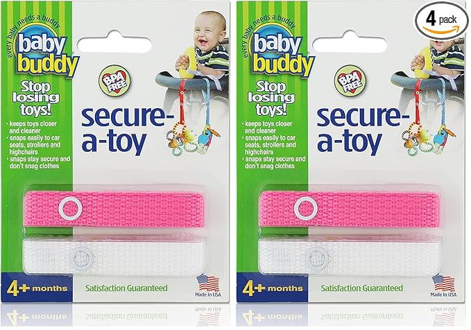Baby Buddy Secure-A-Toy - Straps Toys, Teether, or Pacifiers to Strollers, Highchairs, Car Seats— Safety Leash With Adjustable Length to Keep Toys Sanitary & Clean, Pink/White 2 Count (Pack of 2)
