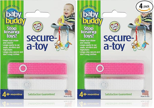 Baby Buddy Secure-A-Toy - Straps Toys, Teether, or Pacifiers to Strollers, Highchairs, Car Seats— Safety Leash With Adjustable Length to Keep Toys Sanitary & Clean, Pink/White 2 Count (Pack of 2)