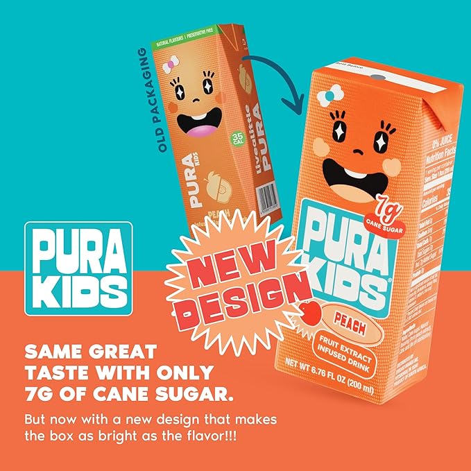 PURA Kids Box | Peach Fruit extract infused Drink for kids | 7g Pure Cane Sugar | Non-GMO | Vegan, No Artificial Sweeteners | Best Lunchbox Beverage with Paper Straw | 6.76 fl oz (200ml), Pack of 24