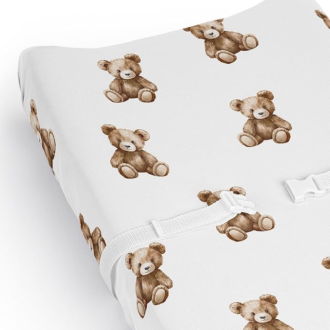 Sweet Jojo Designs Baby Changing Pad Cover Sheet (Boho Teddy Bear) for Boys/Girls, Infant/Newborn Diaper Change Table Mat Covers (Soft, Brown Bears, Watercolor, Bohemian, Classic, Wholesome Aesthetic)