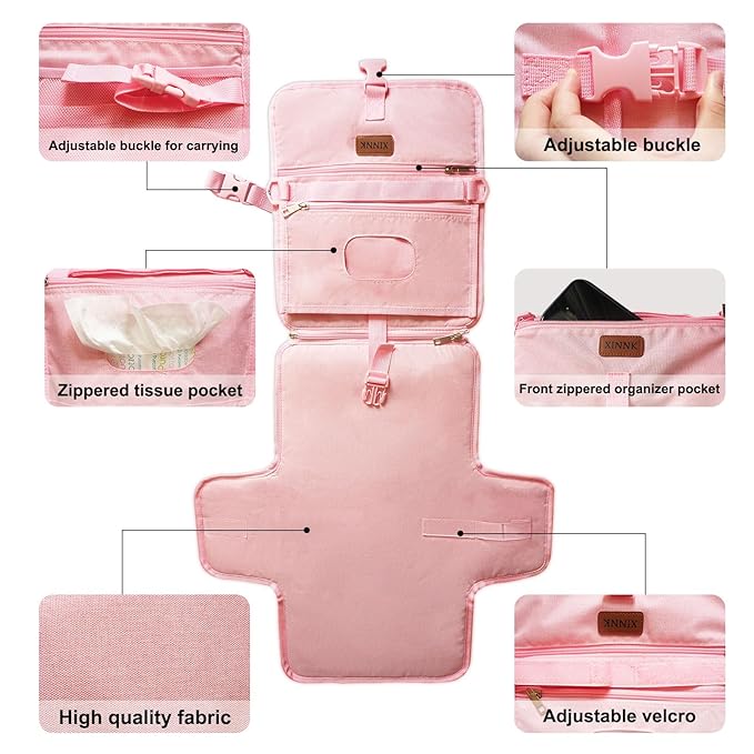 Portable Changing Pad for Baby, Travel Diaper Changing Pad for Newborn, Waterproof Baby Changing Mat, Foldable & Detachable Diaper Changing Station with Baby Wipes Pockets(Pink)