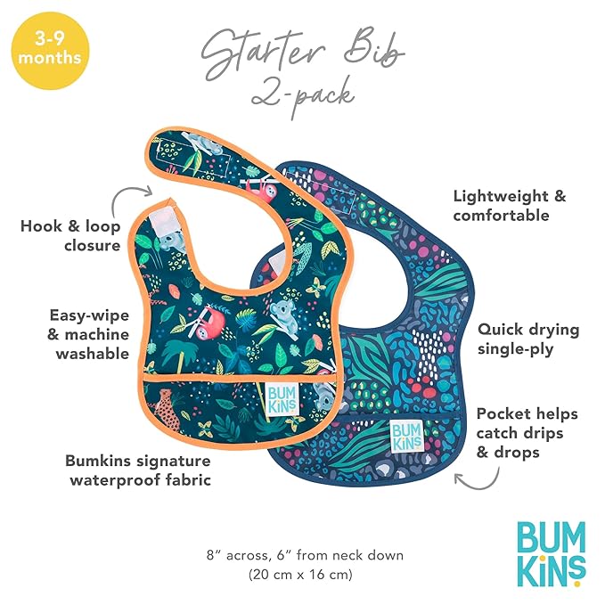 Bumkins Bibs, for Baby Girl or Boy, Infant 3-9 Months,Essential Must Have for Eating, Feeding, Baby Led Weaning, Mess Saving Waterproof Soft Fabric, Starter Bib 2-pk Jungle and Animal