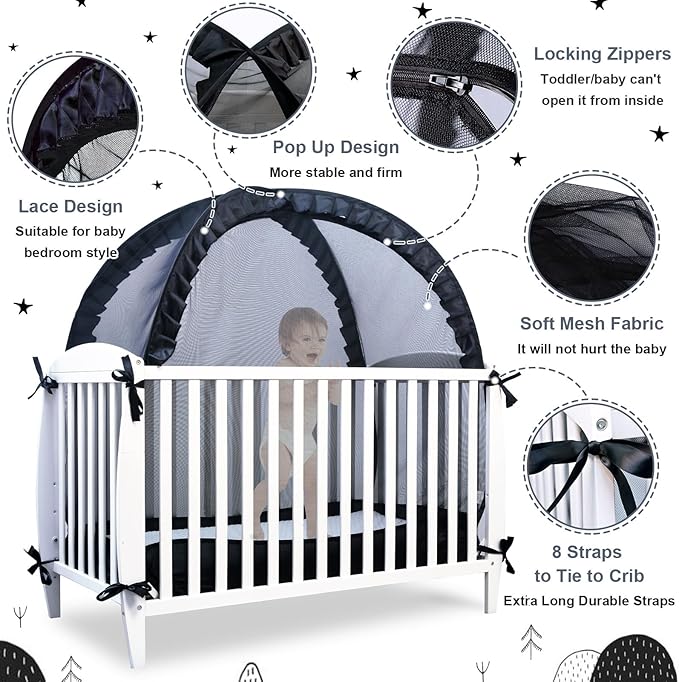 South to East Crib Tent, Pop Up Safet Crib Net to Keep Baby from Climbing Out, Breathable & Skin-Friendly Mesh Crib Cover, Strong and Firm X Metal Frame, Mosquito Netting for Baby, Black