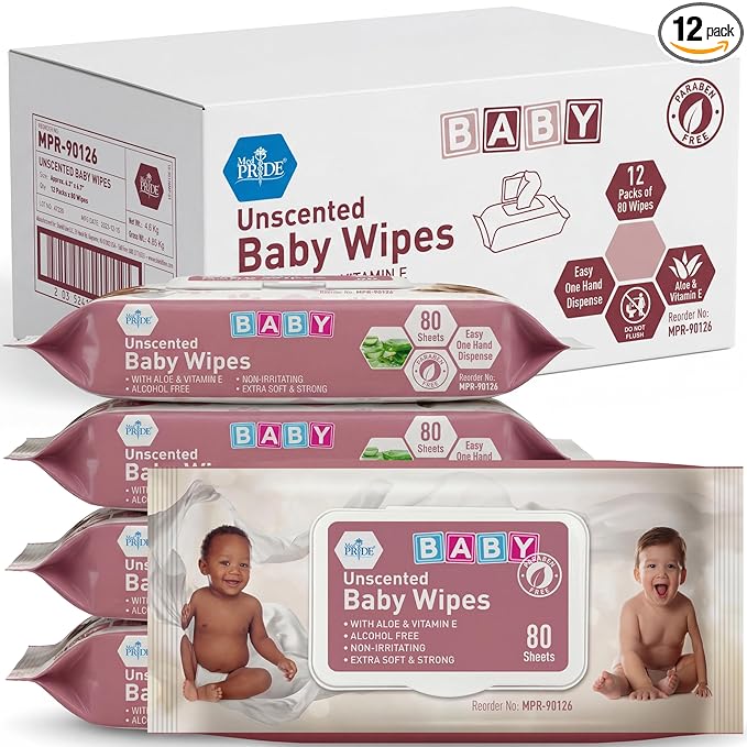 MED PRIDE Unscented Baby Wipes, 12 Pack (80 Wipes Each), Aloe & Vitamin E, Alcohol Free & Paraben Free, Soft & Strong Sensitive Baby Wet Wipes with Resealable Lid